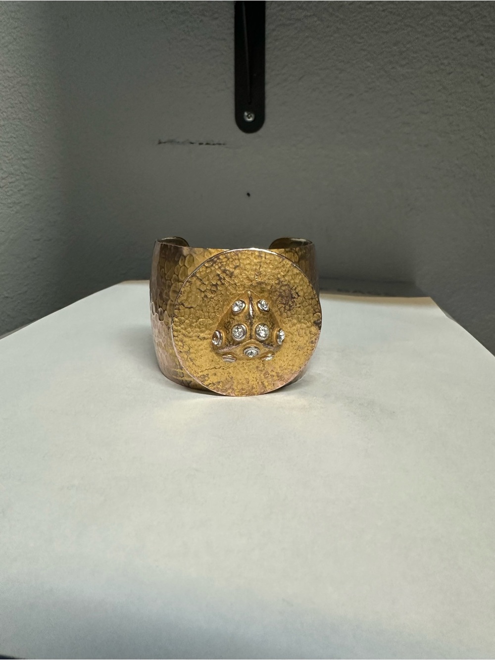 Vintage Gerard Yosca Hammered Brass Cuff Bracelet with Crystal Paw Accent